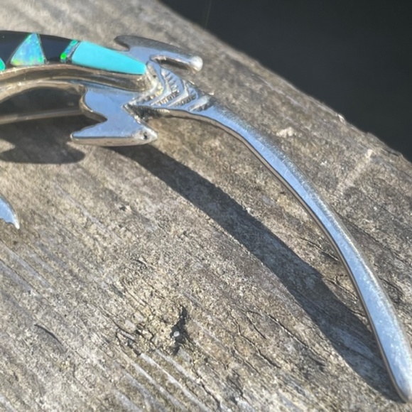 Signed Zuni Blue Fire Opal, Turquoise and Onyx Inlay Native American Liz… - Picture 7 of 10